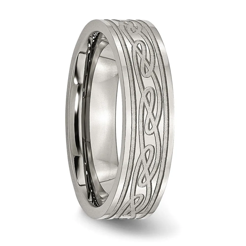 6mm Stainless Steel Etched Scroll Design Flat Standard Fit Band