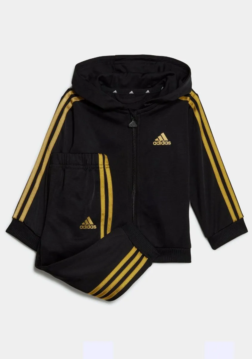 adidas black and gold shiny hooded tracksuit for infants