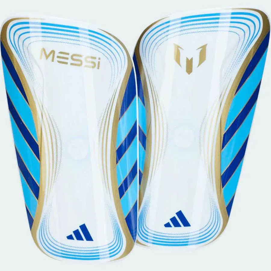 Adidas Messi soccer shin guards, white and blue - Shop now!