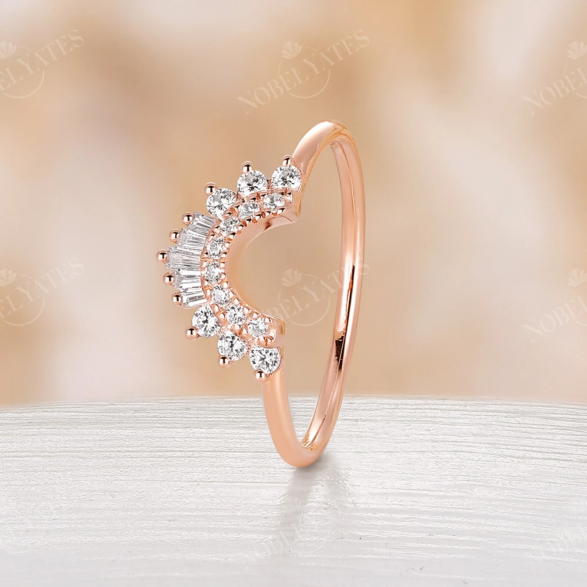 Art deco Baguette Diamond Curved Wedding Band Rose Gold