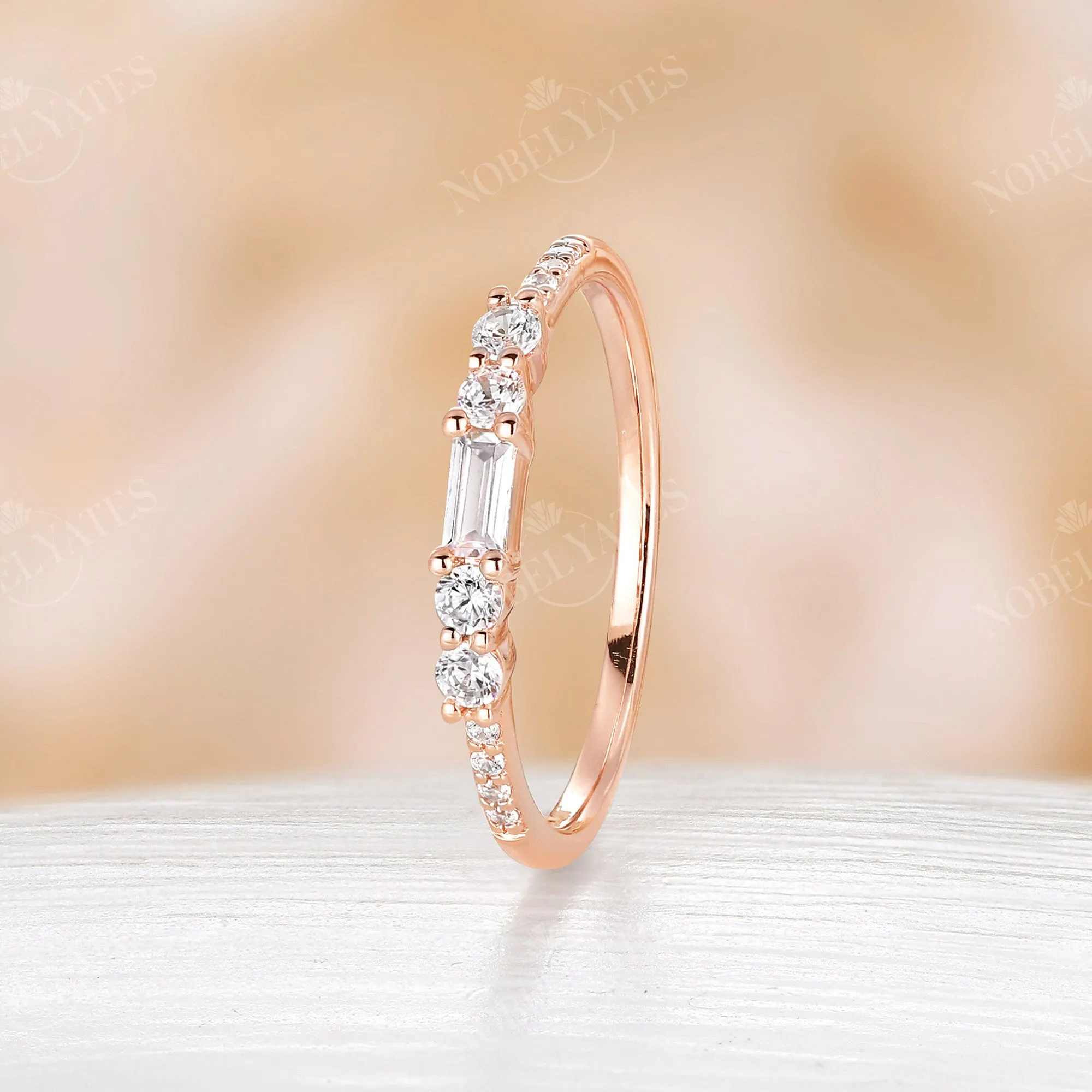 Baguette Moissanite Art Deco Pave Stackable Wedding Band Rose Gold