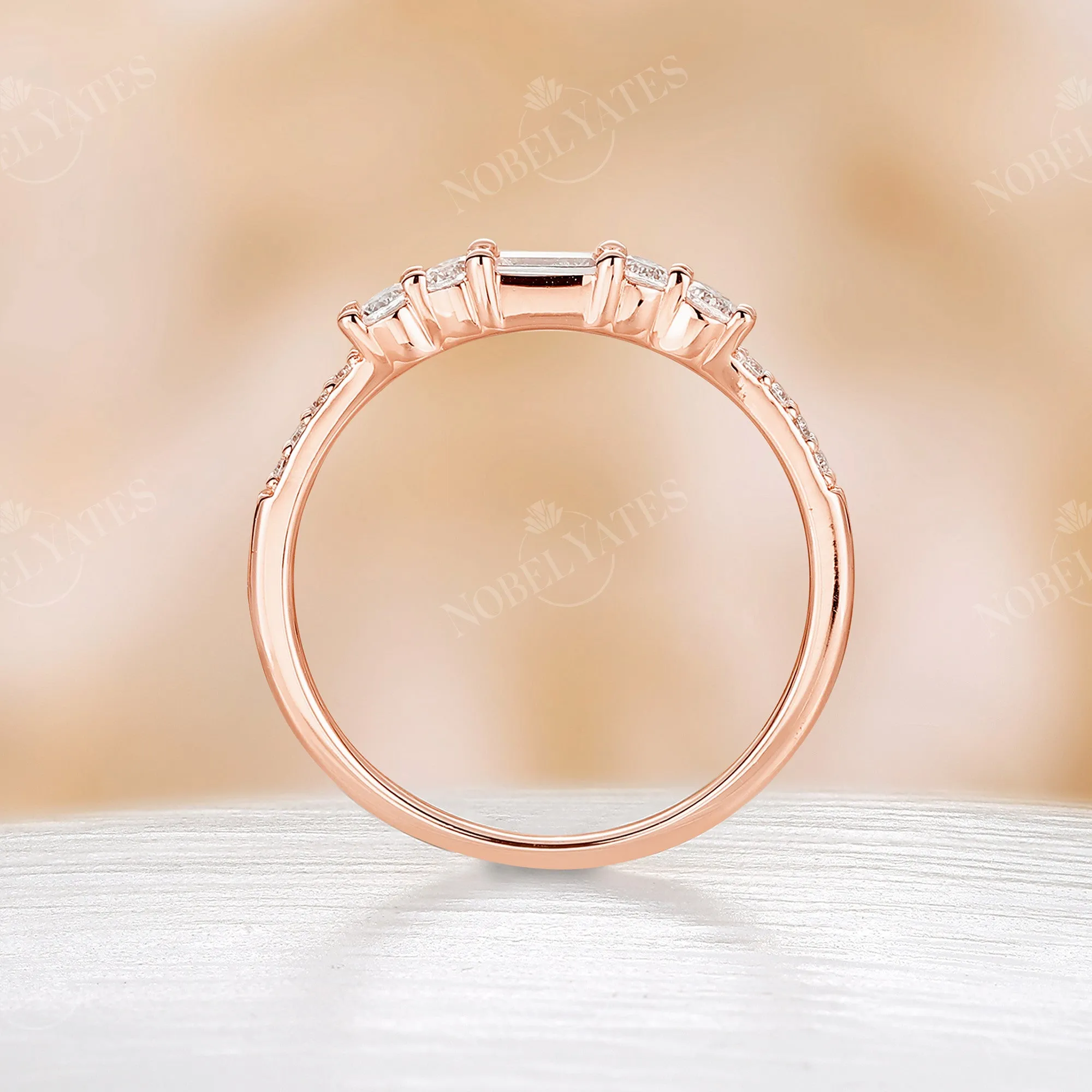 Baguette Moissanite Art Deco Pave Stackable Wedding Band Rose Gold