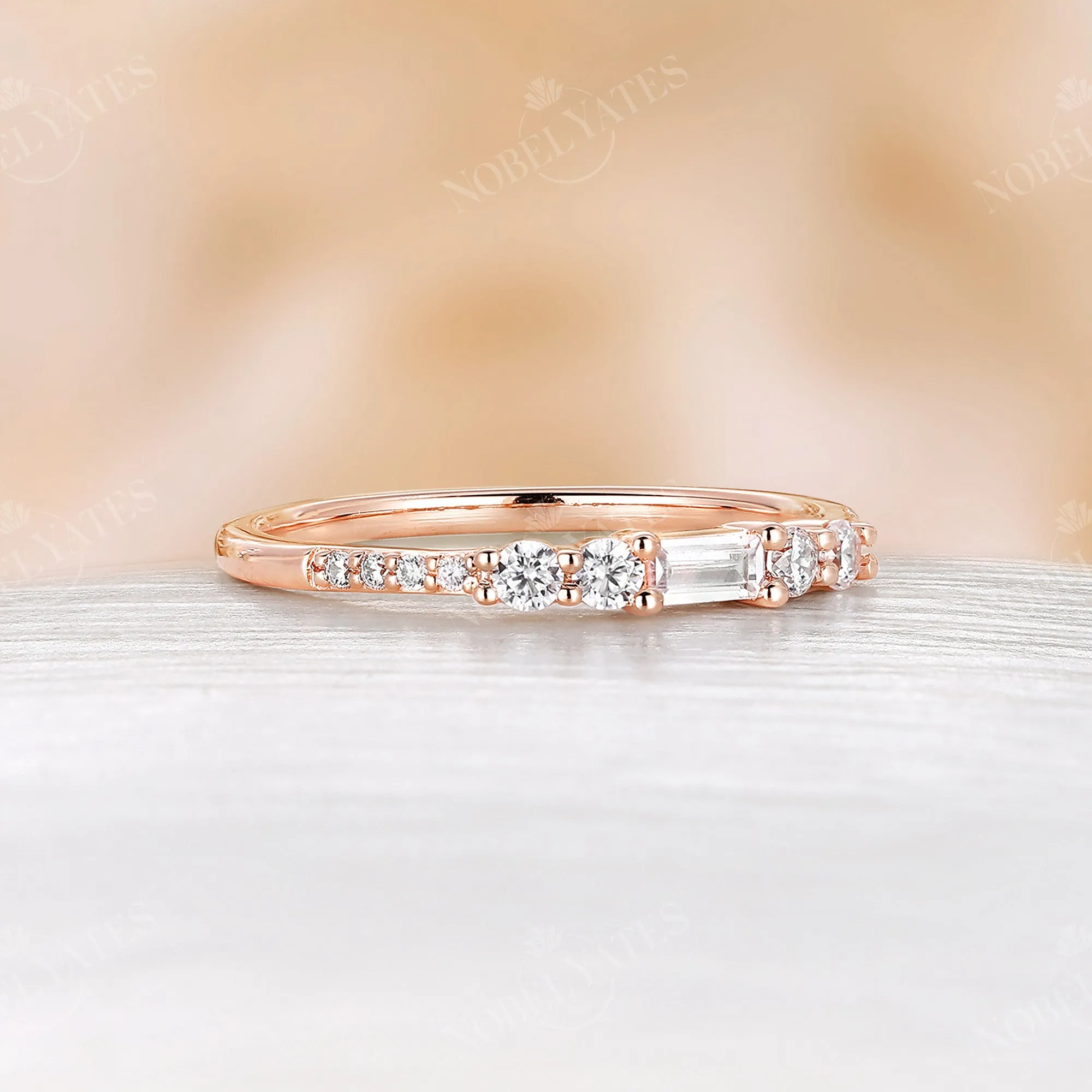 Baguette Moissanite Art Deco Pave Stackable Wedding Band Rose Gold