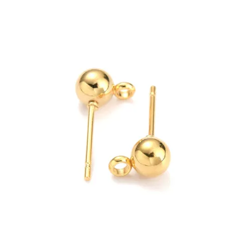 Ball Post Stud Earring Findings, 304 Stainless Steel, With 316 Surgical Stainless Steel Pins And Closed Loop, Golden, 16x8mm