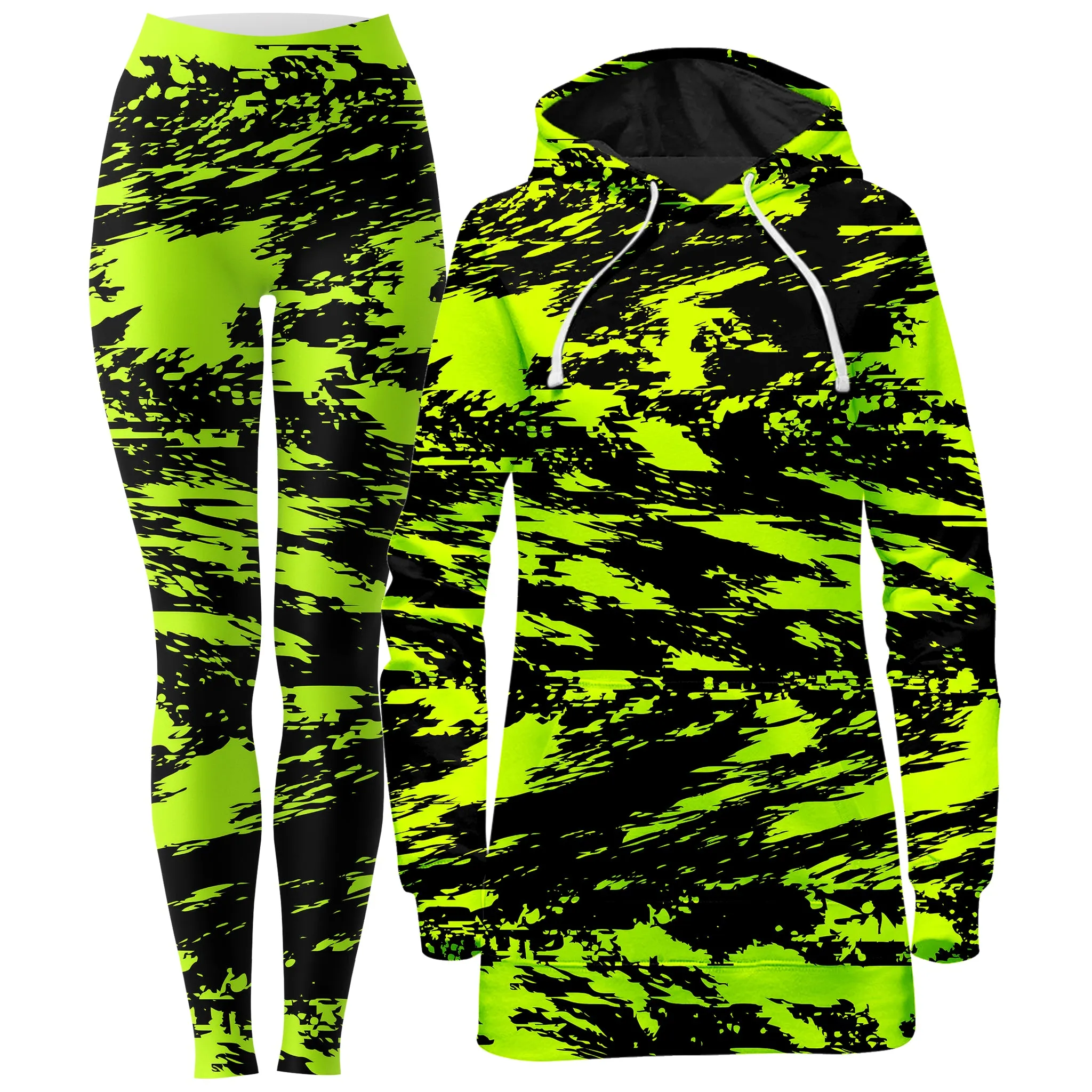 Black Lime Bolt Glitch Hoodie Dress and Leggings Combo