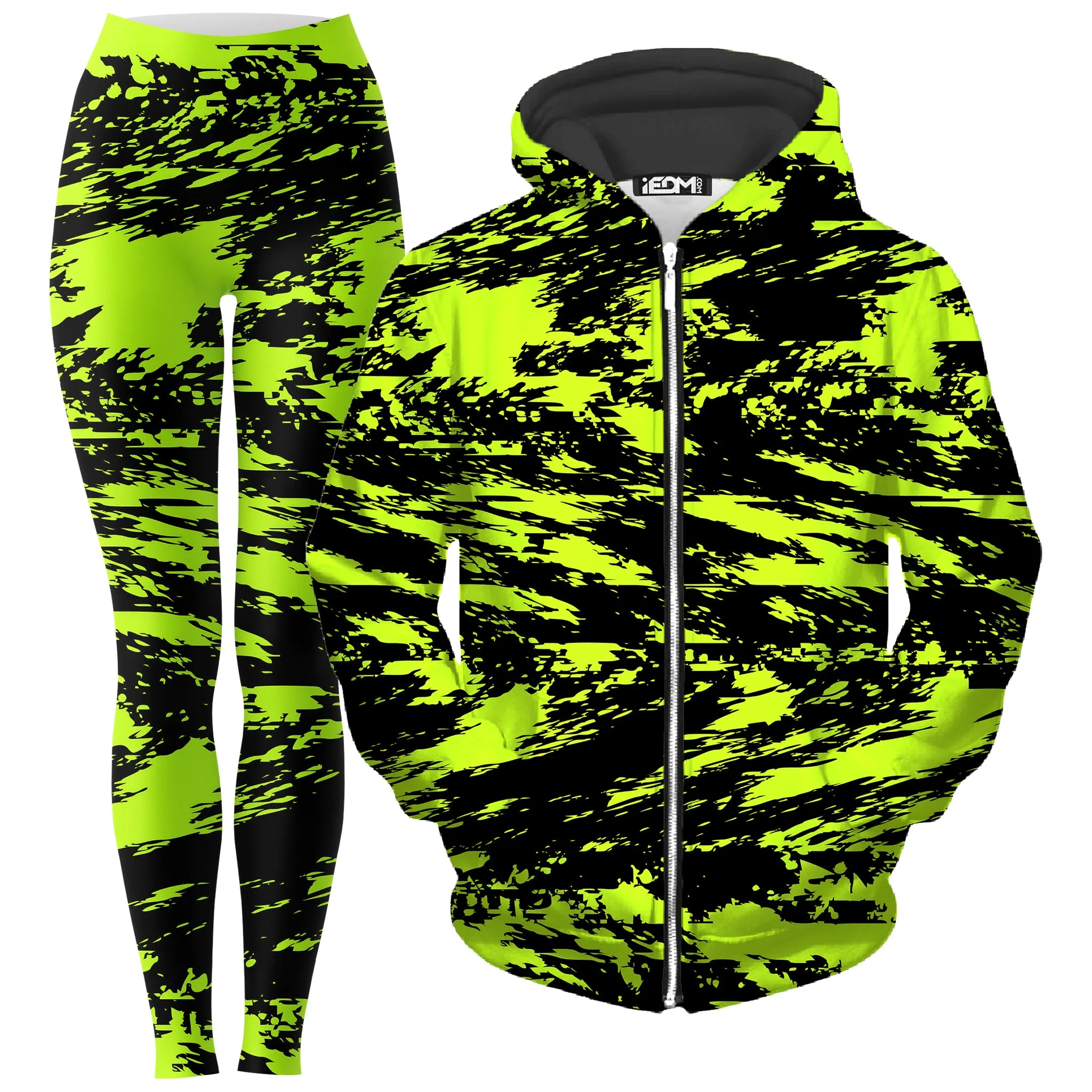 Black Lime Bolt Glitch Zip-Up Hoodie and Leggings Combo