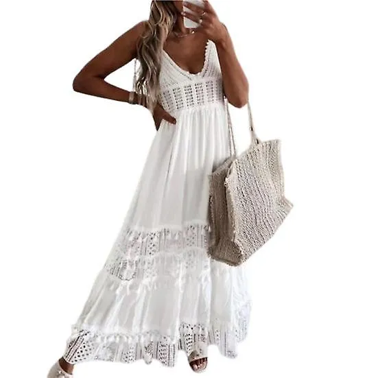 Boho Dress Sleeveless Lace Elegant Casual Pure Color V Neck Maxi for Wedding