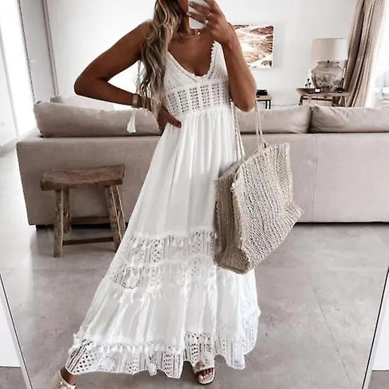 Boho Dress Sleeveless Lace Elegant Casual Pure Color V Neck Maxi for Wedding