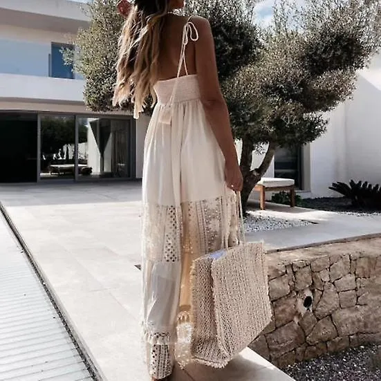 Boho Dress Sleeveless Lace Elegant Casual Pure Color V Neck Maxi for Wedding