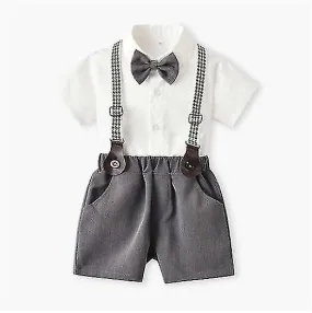 Boys Formal Suit Gentleman Bowtie Romper Suspenders Shorts Wedding Tuxedo Outfit