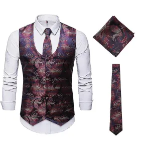 Brand-new Men's U-neck Jacquard Waistcoat Three-piece Vest Suit (vest + Tie + Square Scarf)