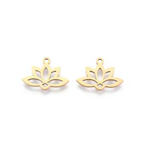 Charms, 201 Stainless Steel, Laser-Cut, Lotus Flower, 18K Gold Plated, 18.5x14mm