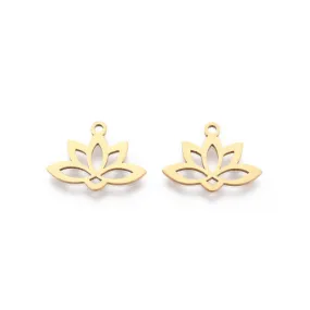 Charms, 201 Stainless Steel, Laser-Cut, Lotus Flower, 18K Gold Plated, 18.5x14mm