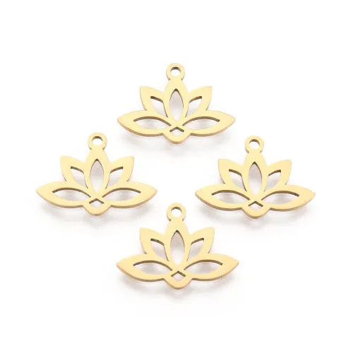 Charms, 201 Stainless Steel, Laser-Cut, Lotus Flower, 18K Gold Plated, 18.5x14mm