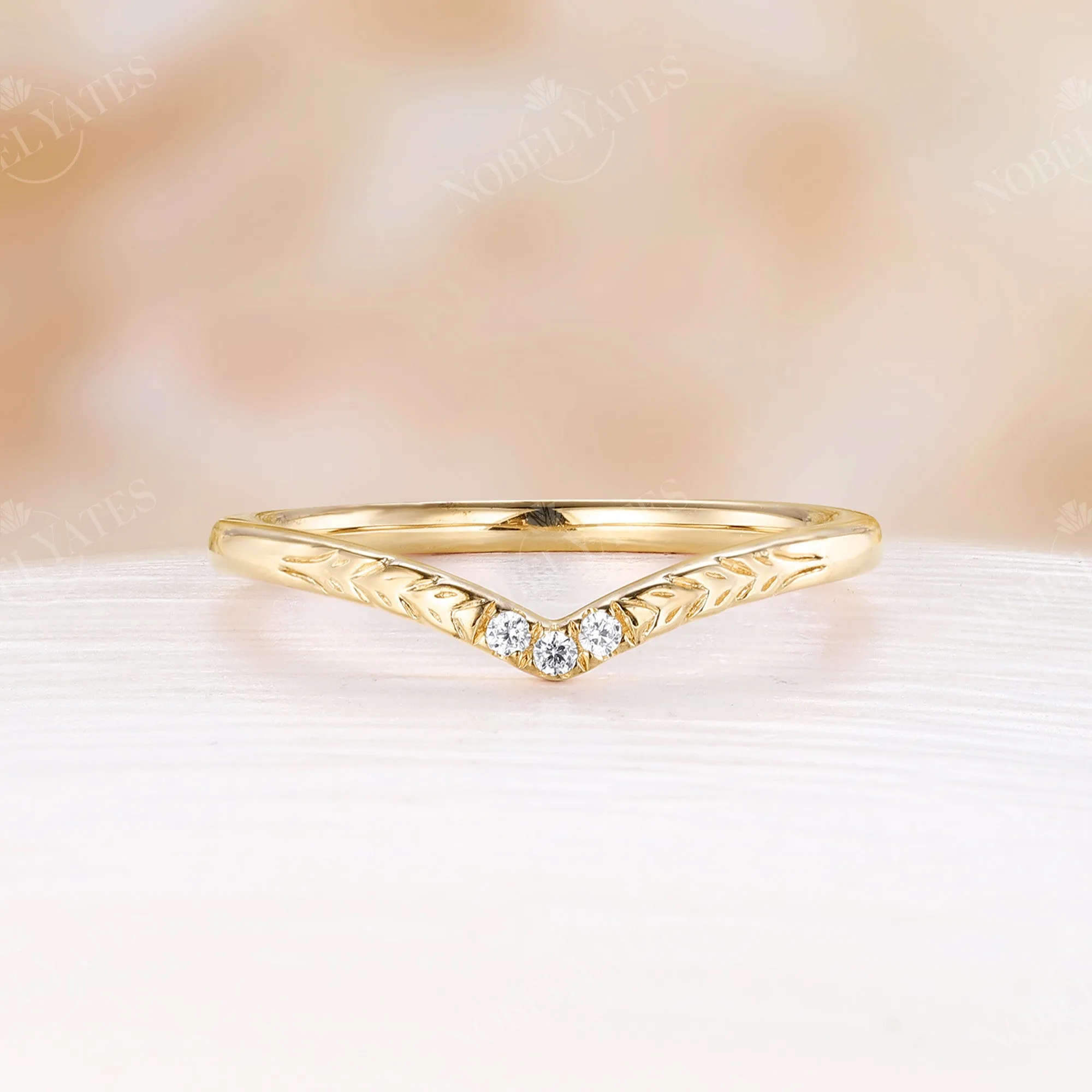 Cueved Leaf Engrave Rose Gold Matching Stacking Diamond Wedding Band