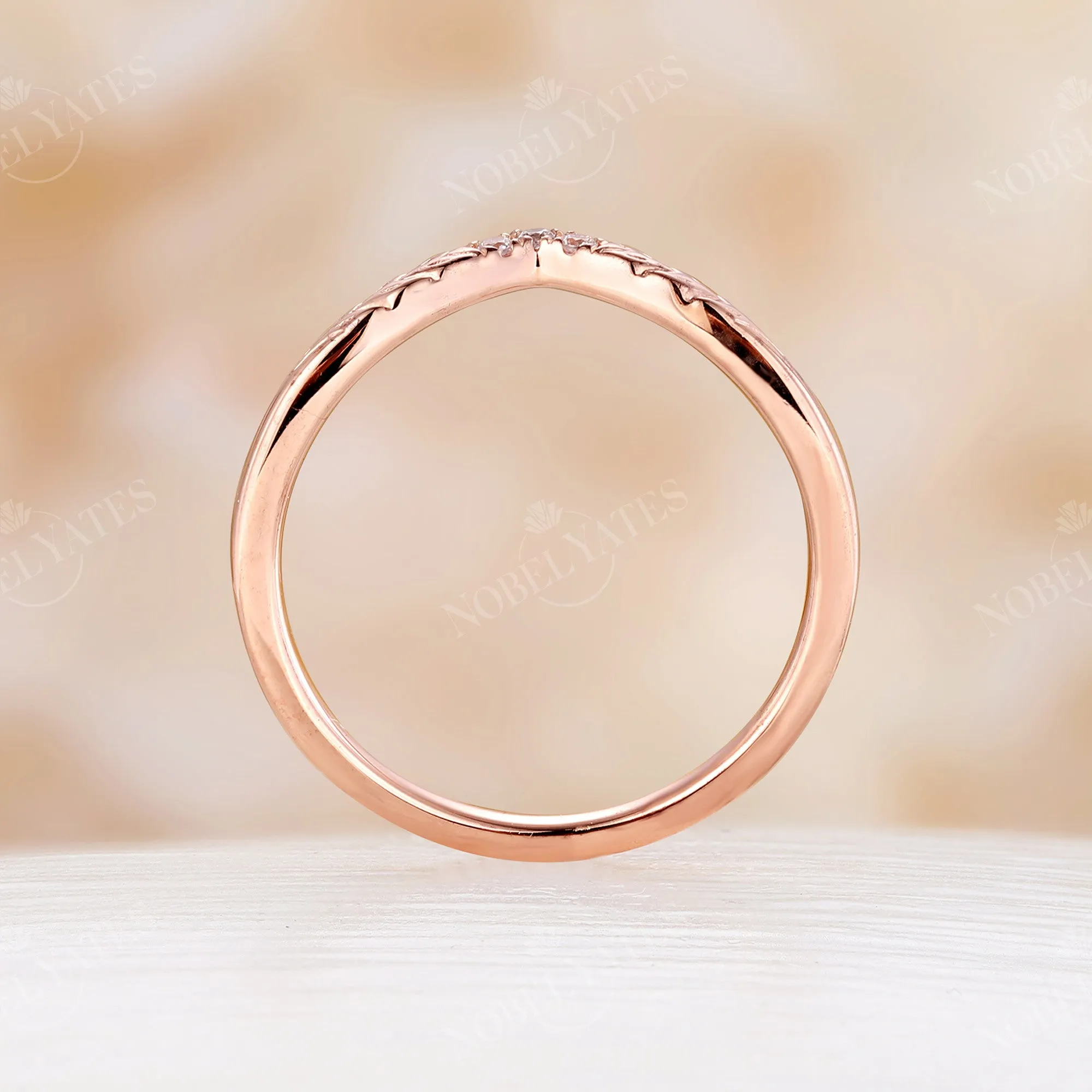 Cueved Leaf Engrave Rose Gold Matching Stacking Diamond Wedding Band