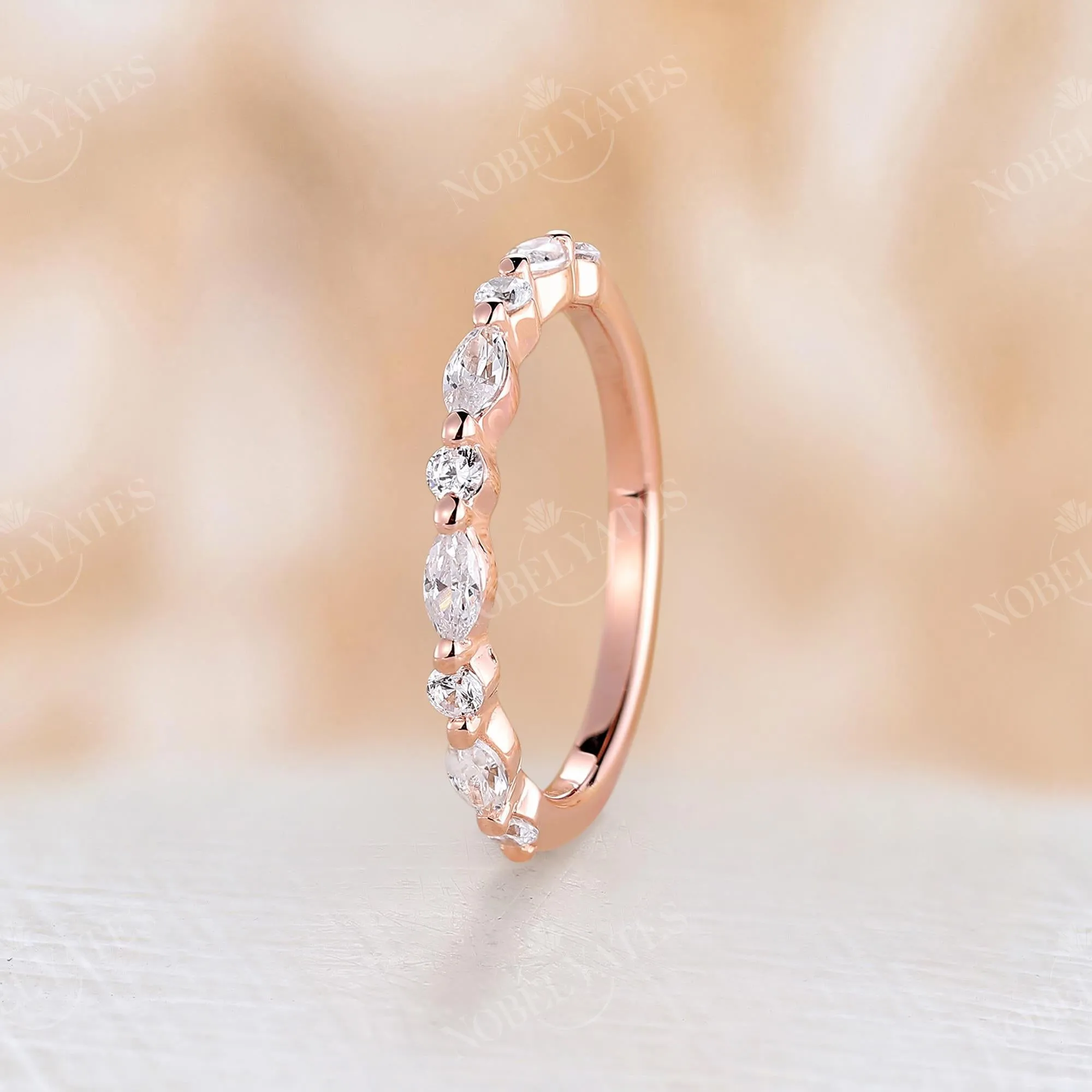 Dainty Marquise & Round Diamond Wedding Band Rose Gold