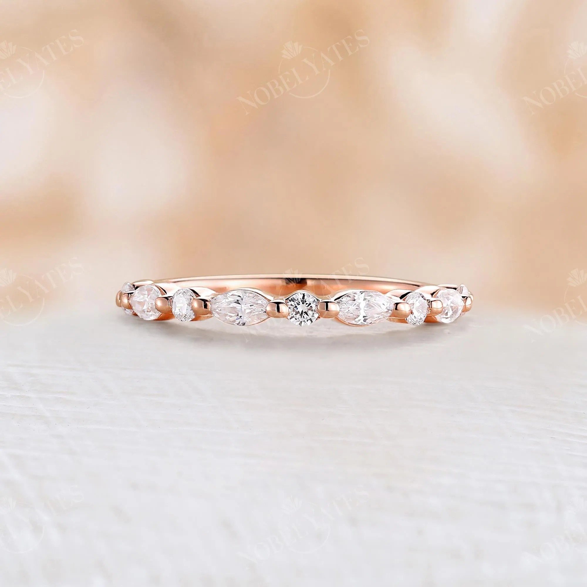 Dainty Marquise & Round Diamond Wedding Band Rose Gold