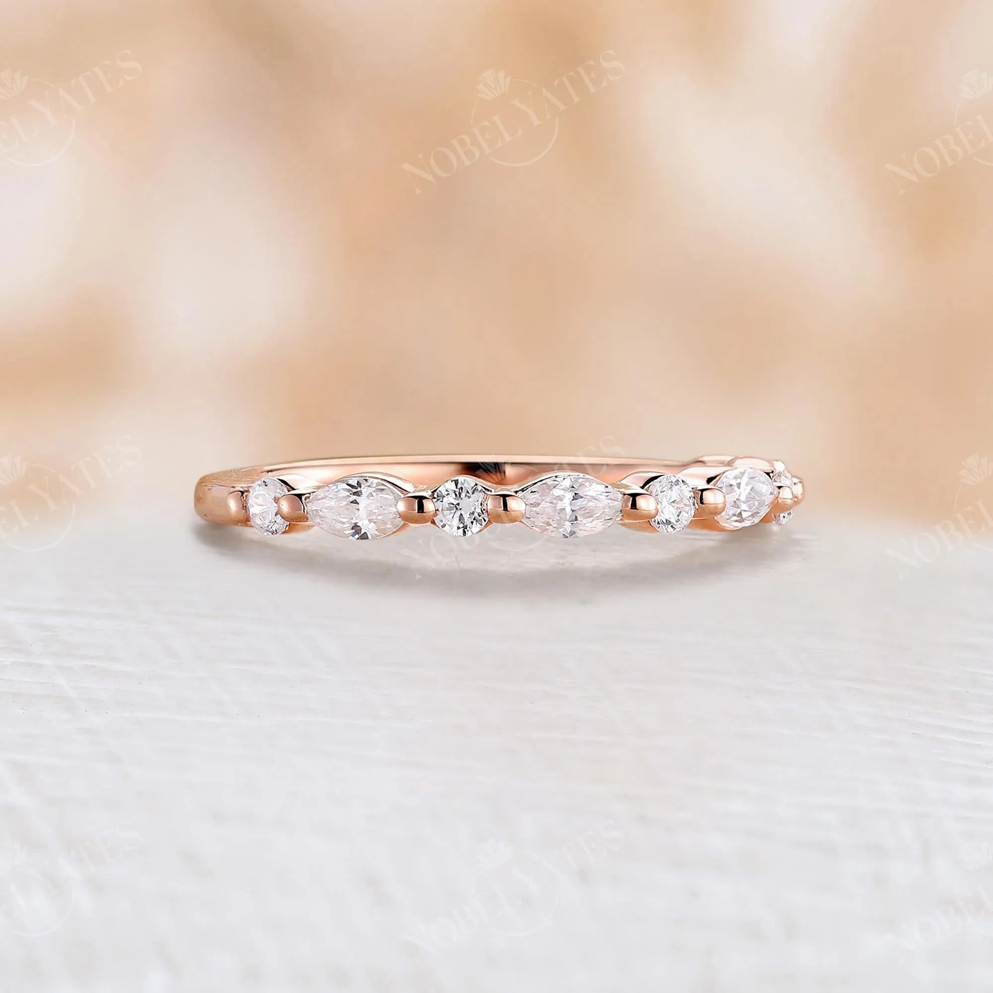 Dainty Marquise & Round Diamond Wedding Band Rose Gold