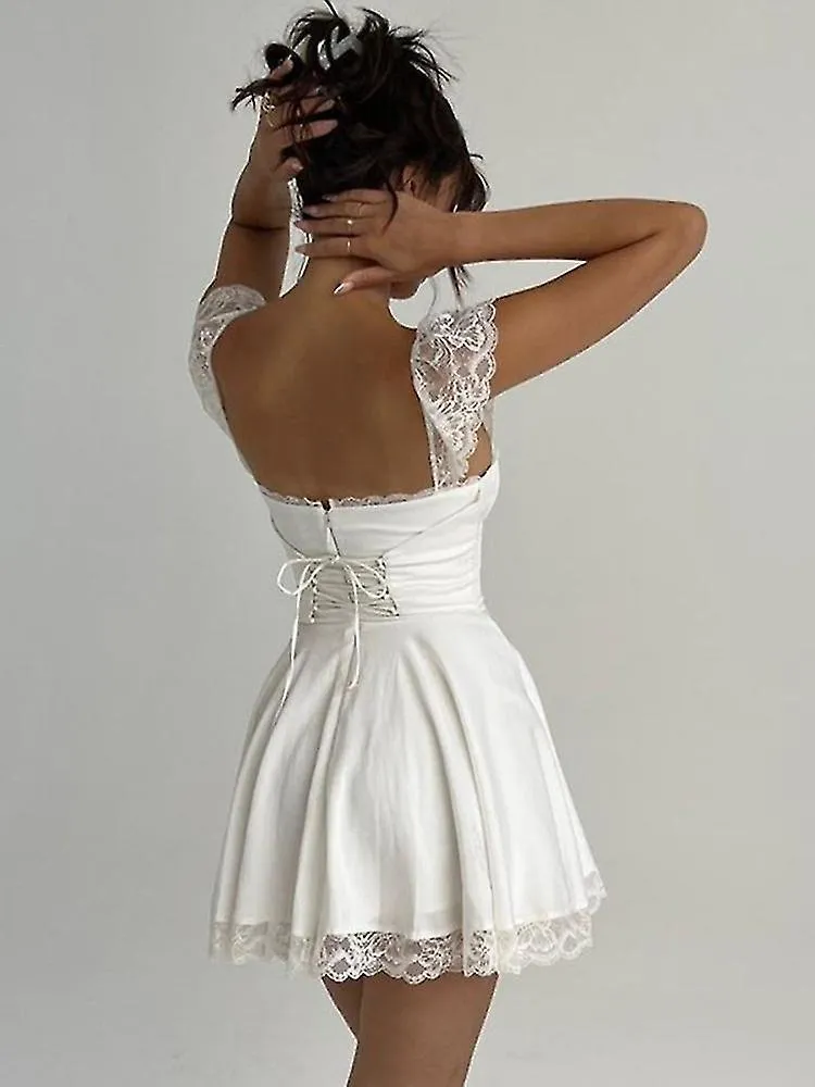 Elegant White Lace Strap Mini Dress For Women Fashion Sleeveless Backless Loose Sexy Short Dresses Vestido Clubwear