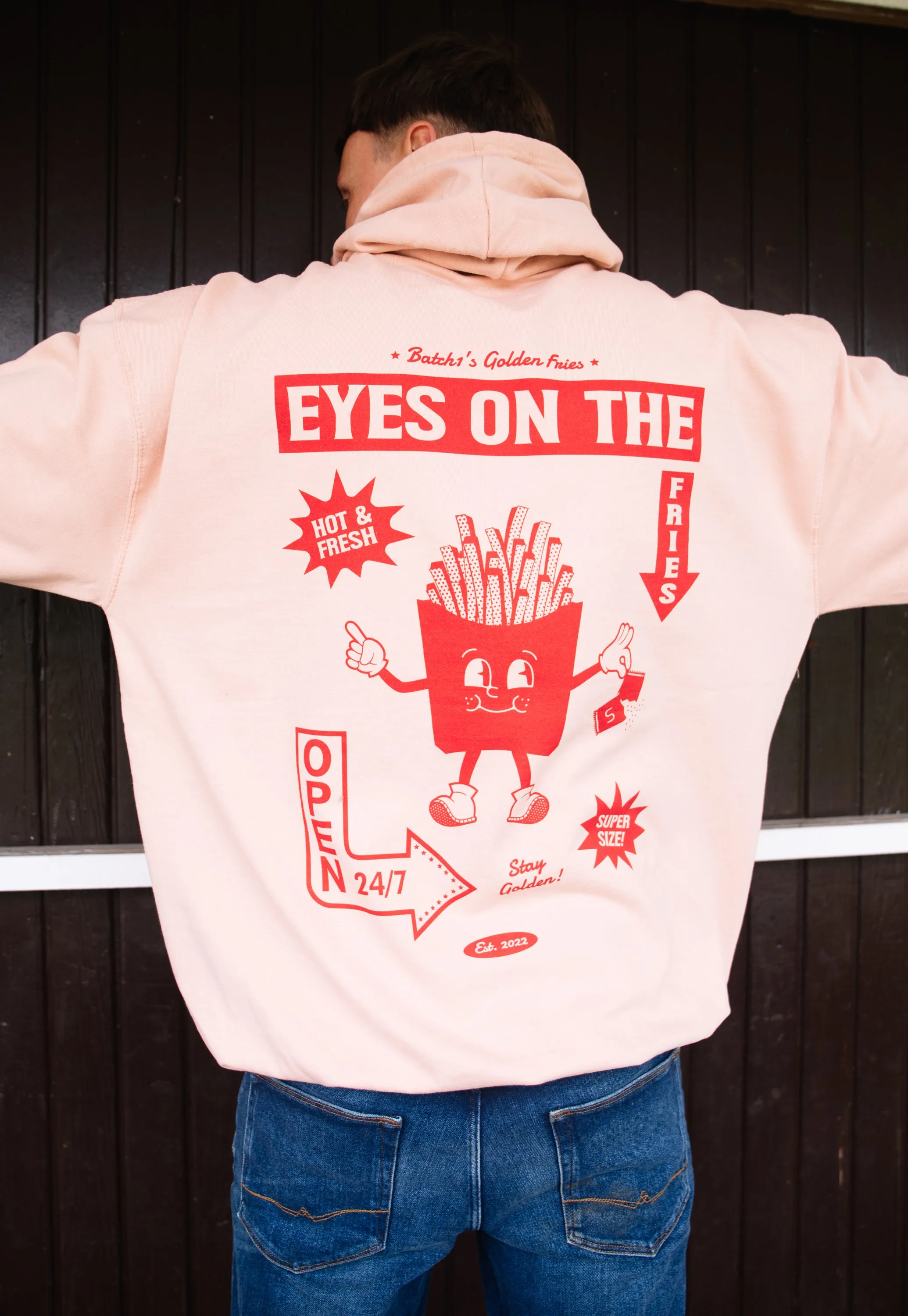 Eyes On The Fries Back Print Hoodie in Peach