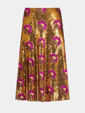 Gold Sequin Floral Midi Skirt