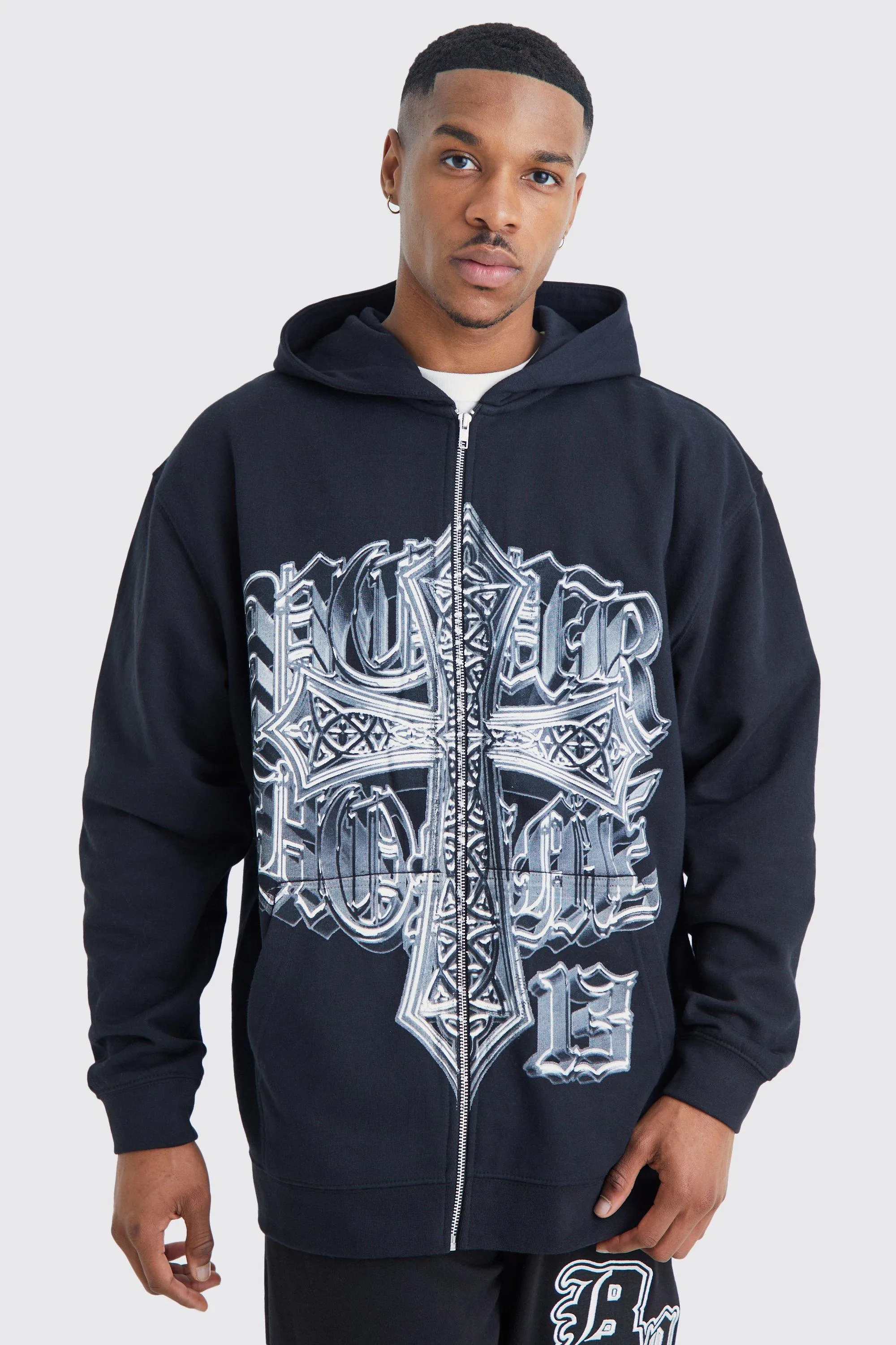 Gothic Cross Print Zip Thru Hoodie