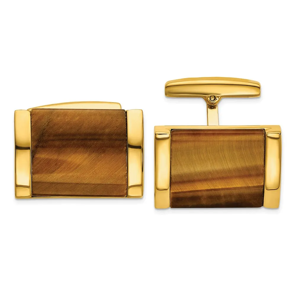 IBGoodman Stainless Steel Yellow IP-Plated Tiger's Eye Cuff Links