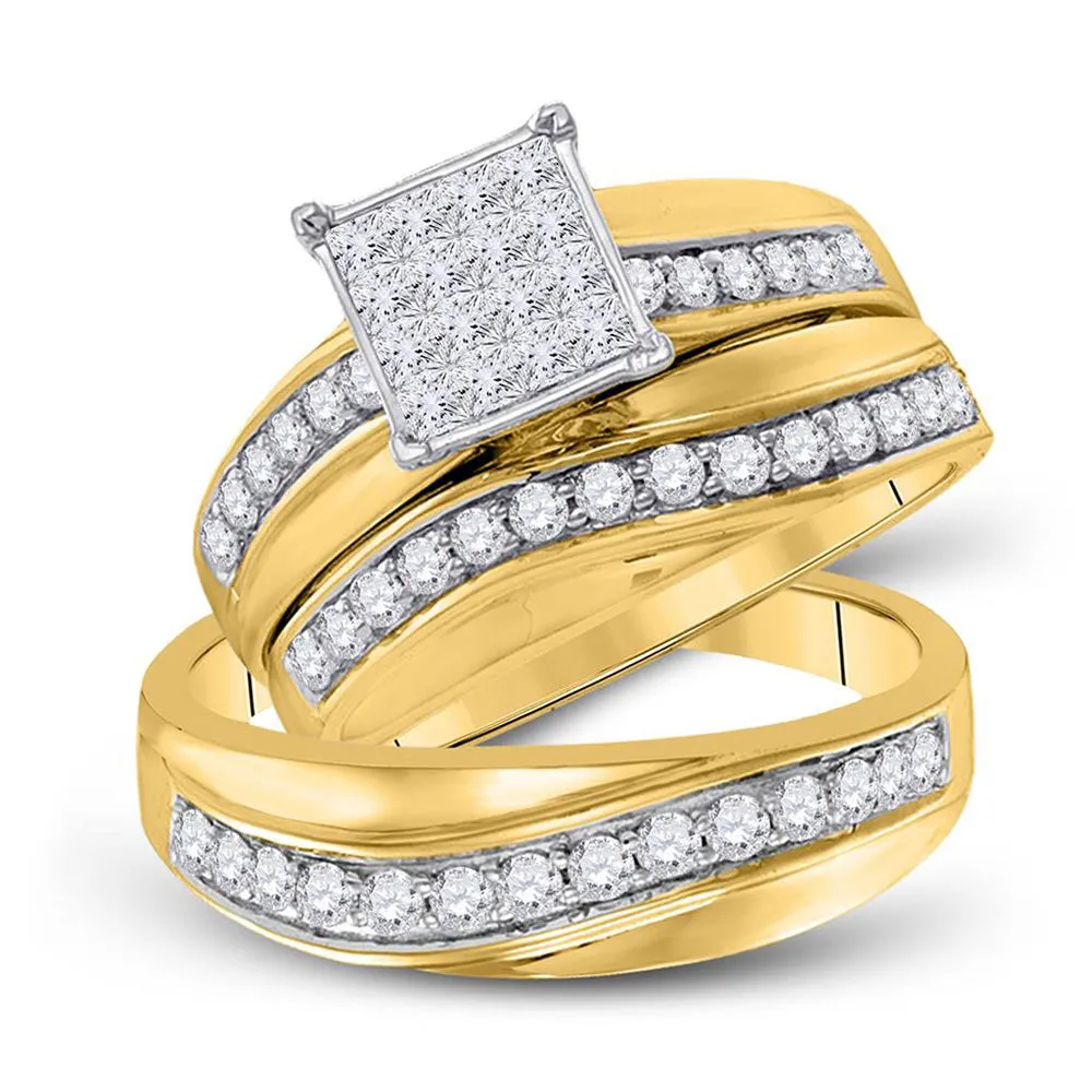 Keene Jewelers 14kt Yellow Gold His Hers Princess Diamond Square Matching Bridal Wedding Ring Set 1 Cttw