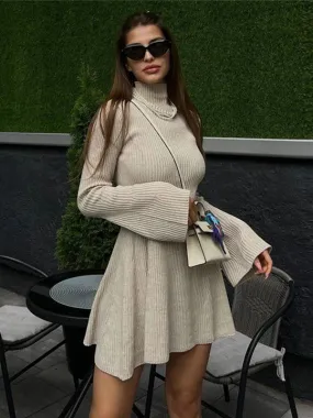 Knitted Dress Mock Neck Flared Sleeves A-Line Casual Short Mini Dresses