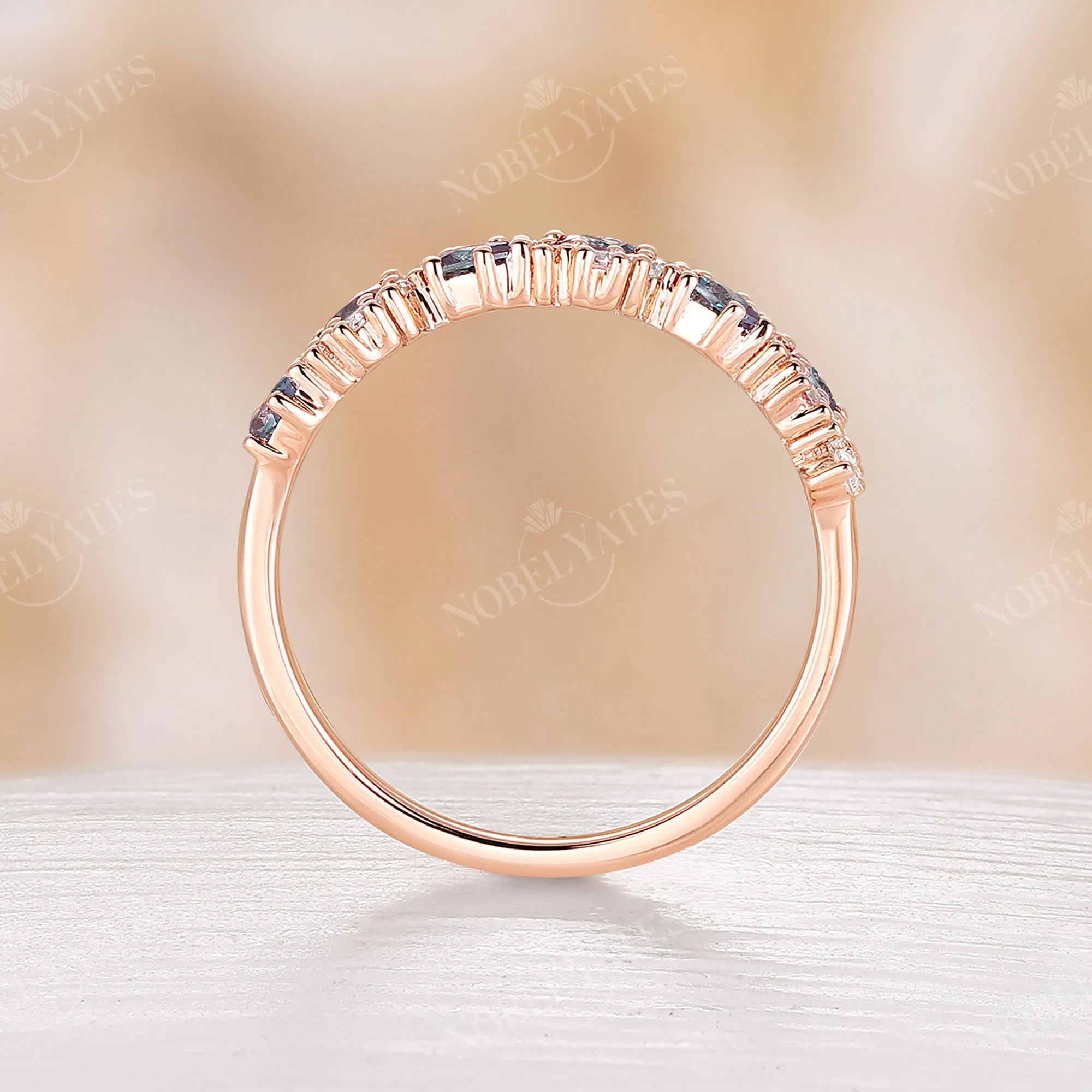 Lab Alexandrite & Moissanite Cluster Wedding Band Rose Gold