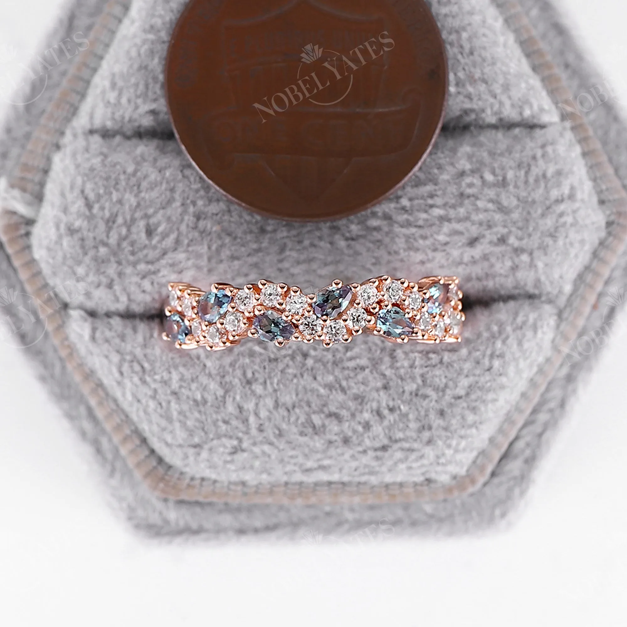 Lab Alexandrite & Moissanite Cluster Wedding Band Rose Gold