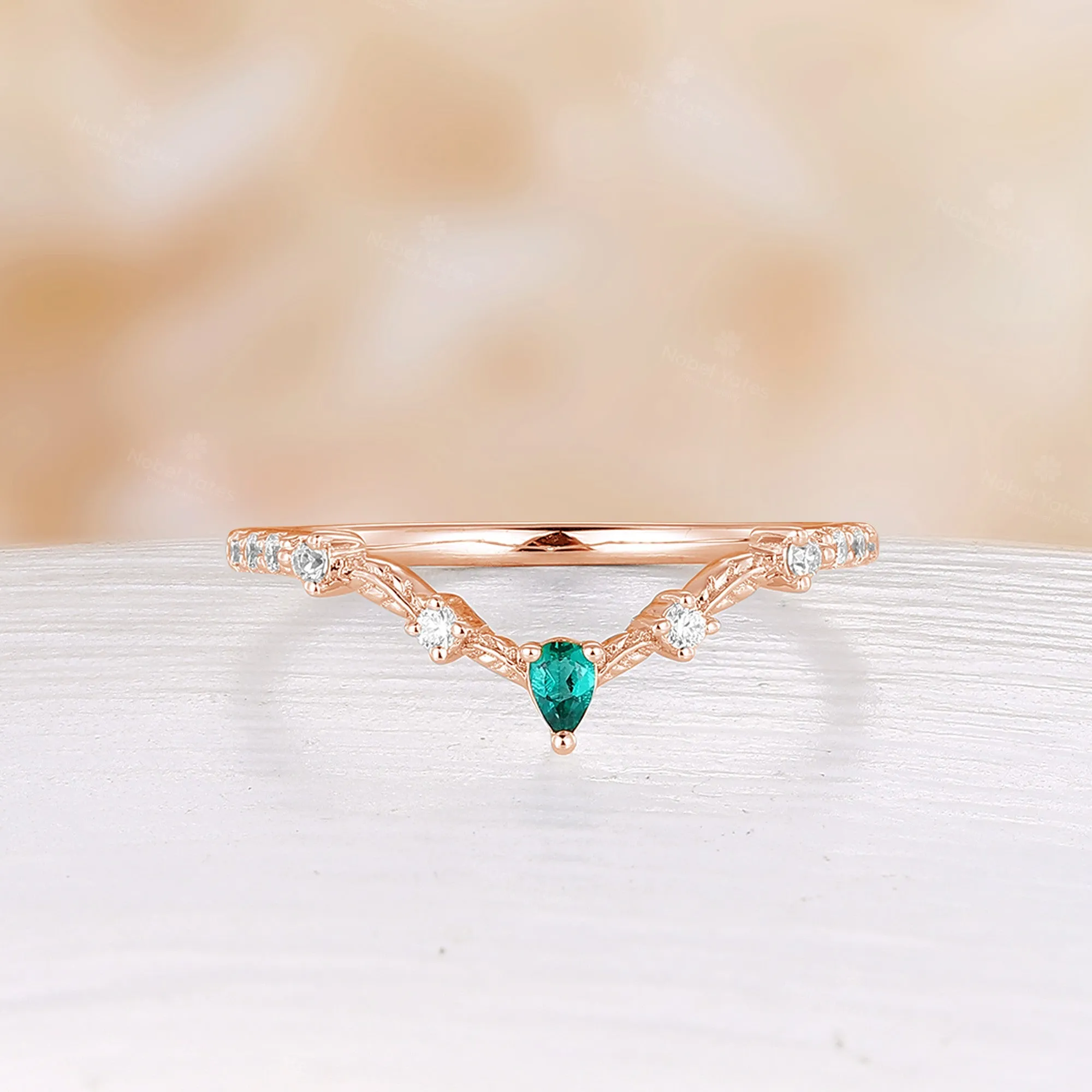 Lab Emerald Nature Inspired Curved Wedding Band Rose Gold Matching Leaf Band