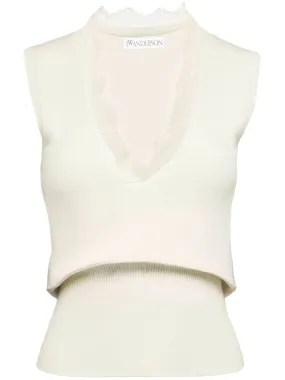 Lace Trim V Neck Vest - Oyster