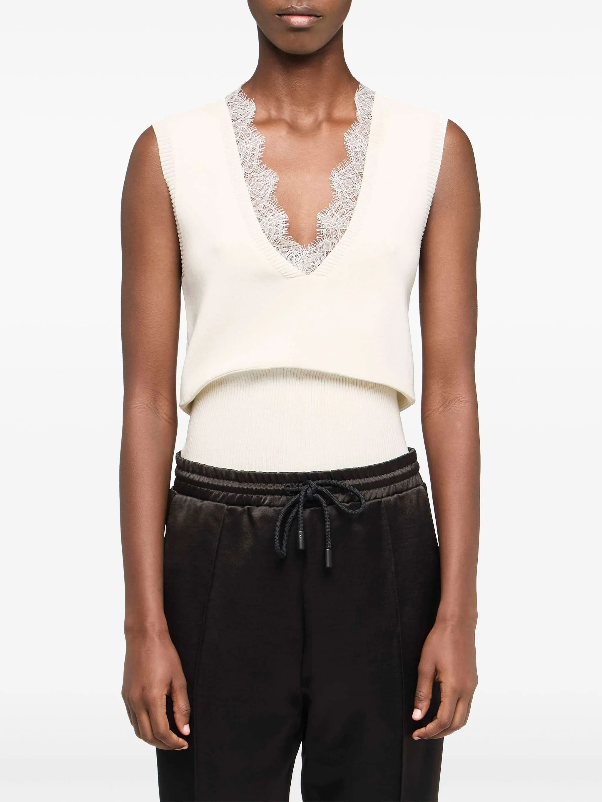 Lace Trim V Neck Vest - Oyster