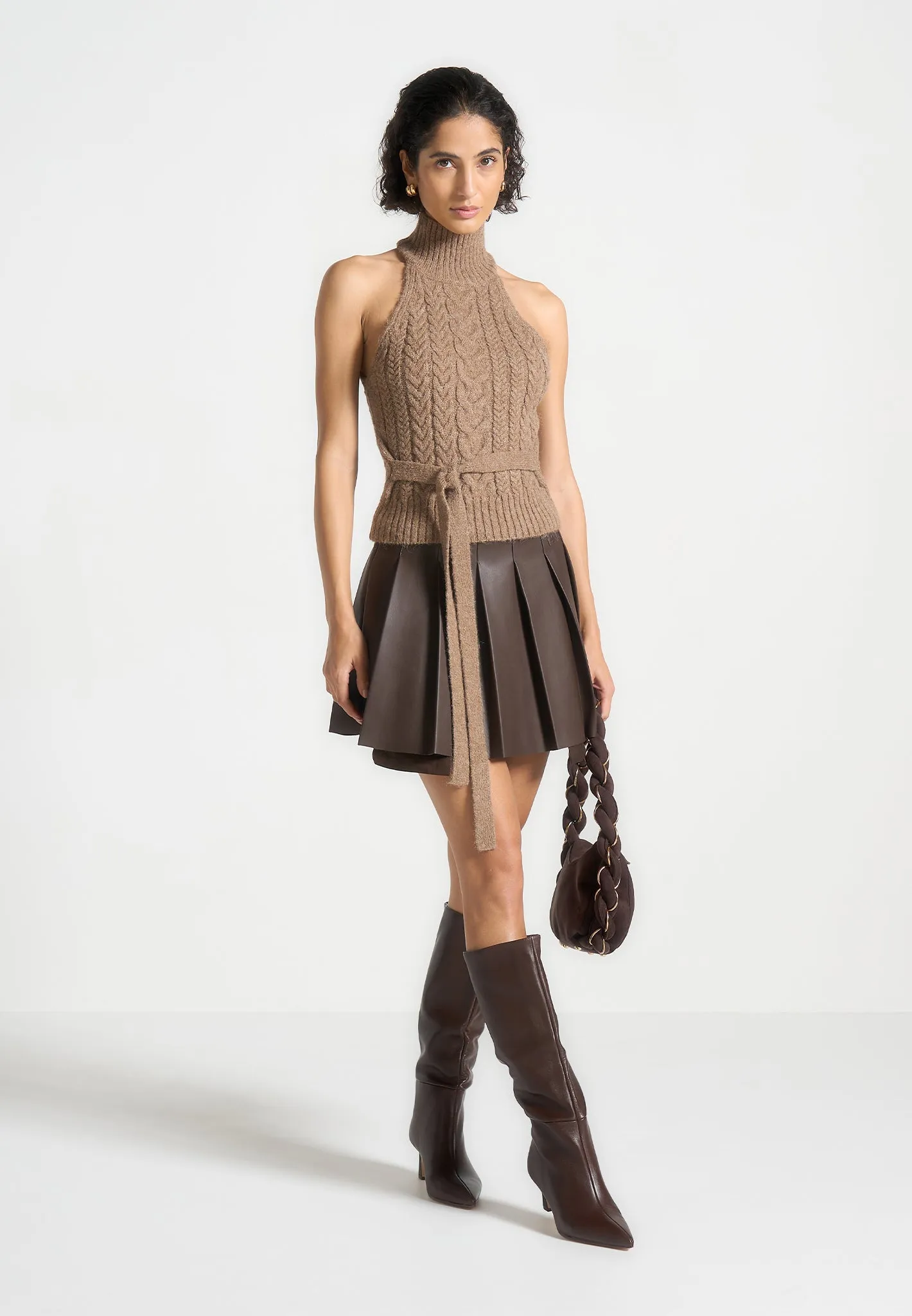 Leather Pleated Skort - Brown