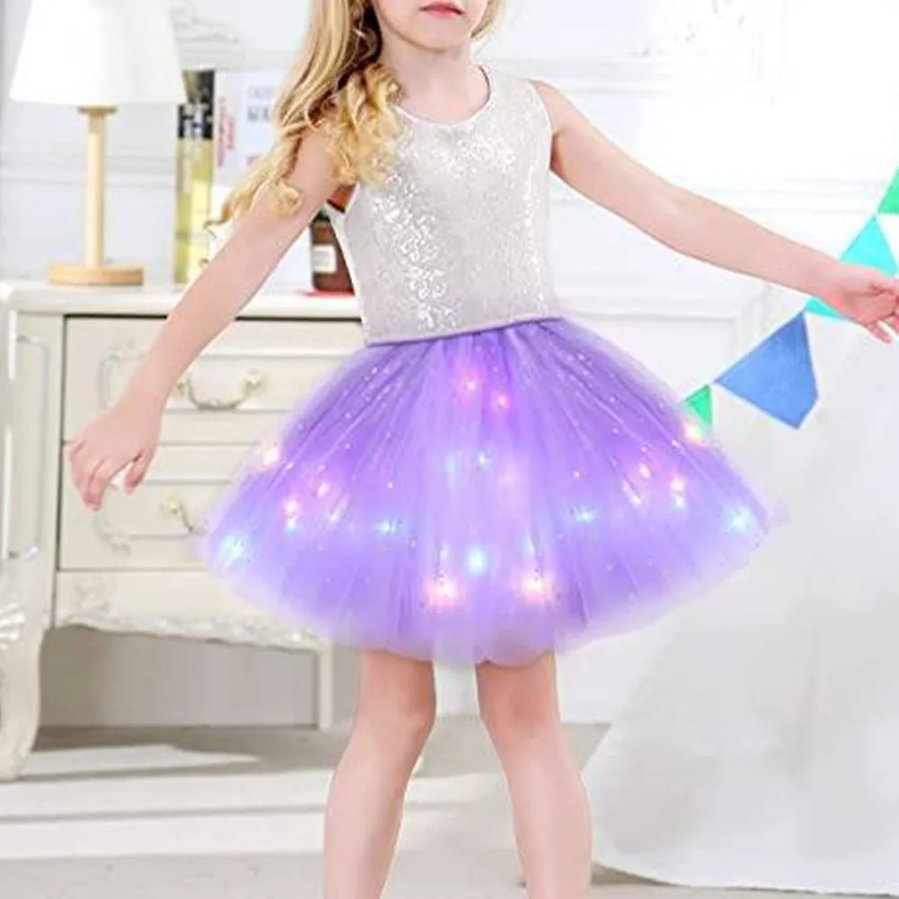 Luminous LED Fluffy Skirt for Girls Layered Ballet Dance Pleated Skirt for Birthday