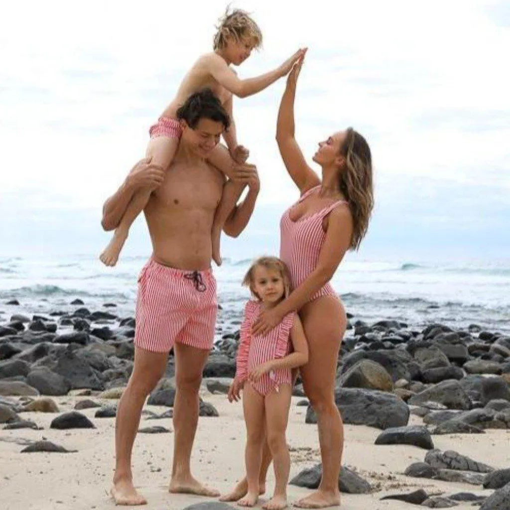 Matching Swimwear, Boys' Board Shorts, Red and White Classic Stripe