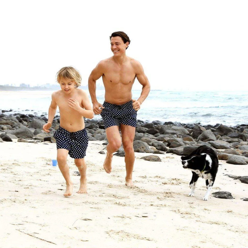 Matching Swimwear, Men's Board Shorts, White on Navy Polka Dots