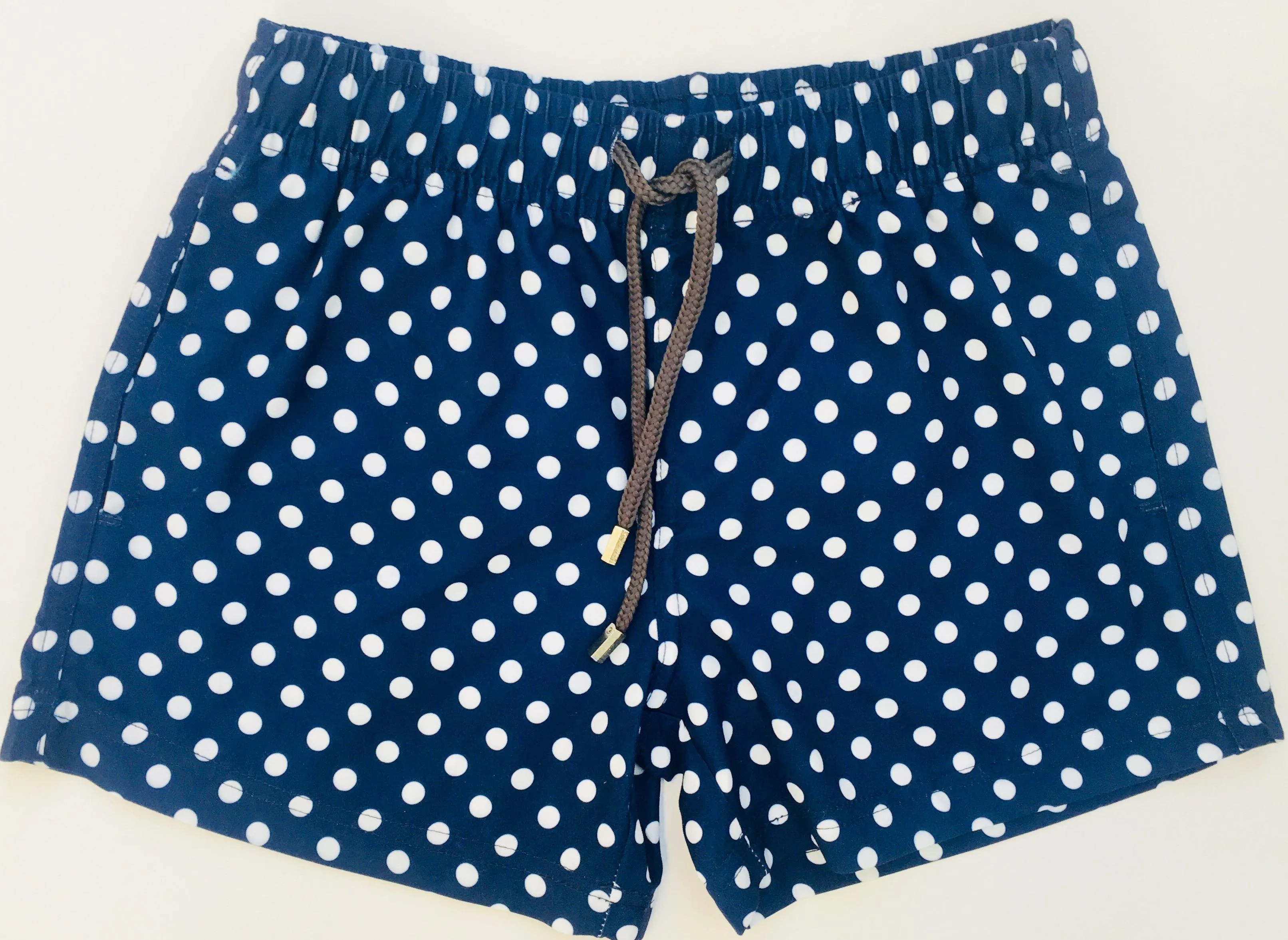 Matching Swimwear, Men's Board Shorts, White on Navy Polka Dots