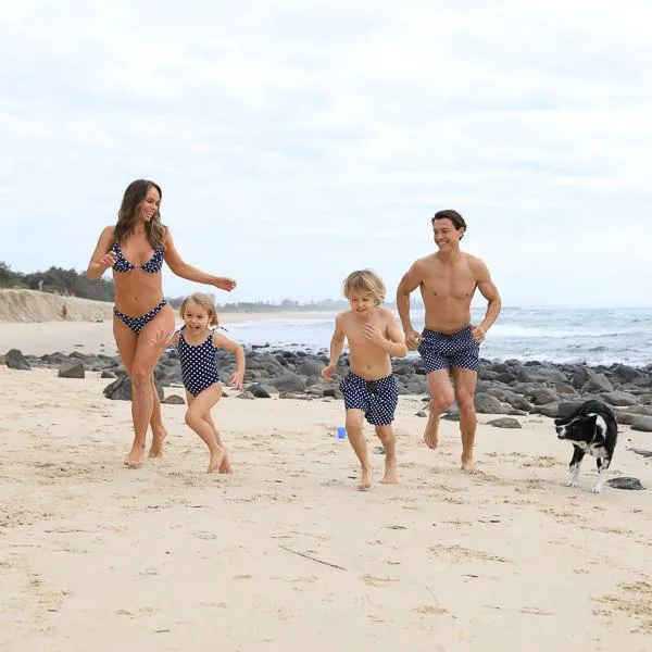 Matching Swimwear, Men's Board Shorts, White on Navy Polka Dots