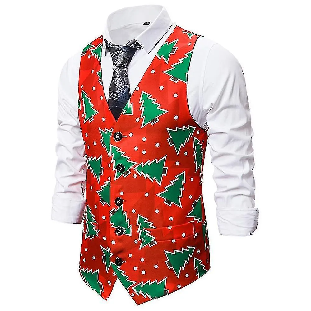 Men Christmas Waistcoat Slim Fit Xmas Suit Vest Jacket Men's Christmas Print Vest