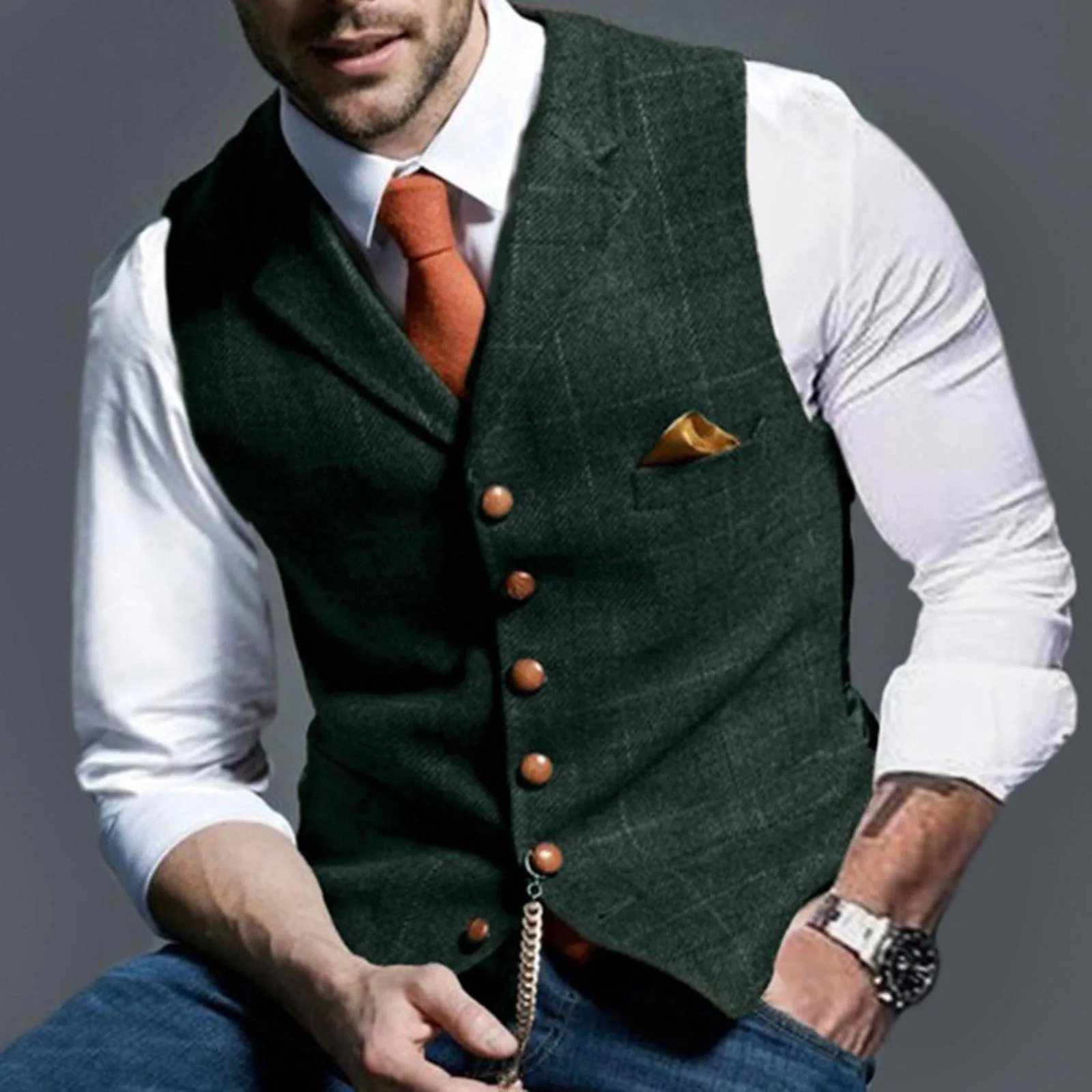 Men Lattice Turndown Single-breasted Vest Suit Business Waistcoat SZS0483