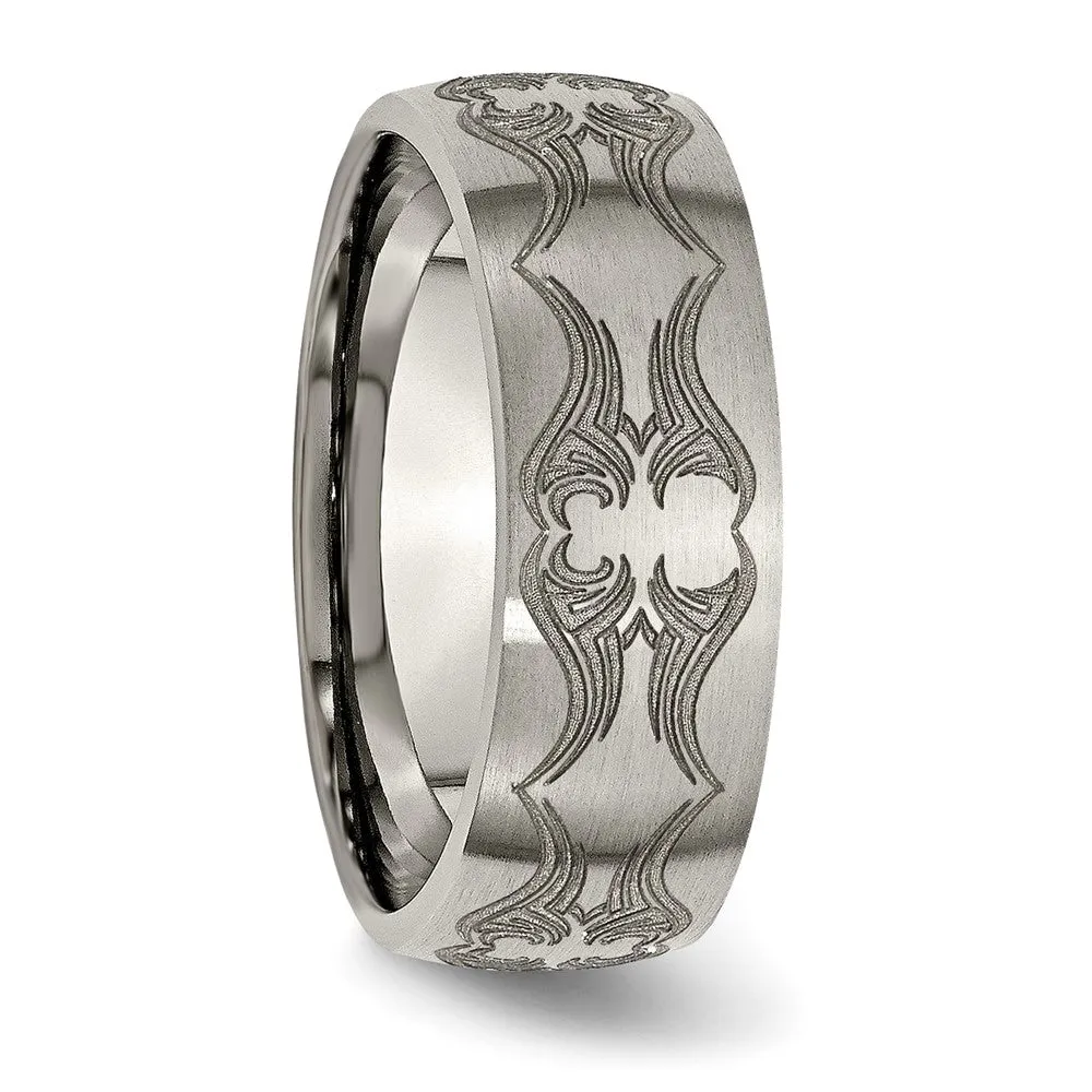 Men's 8mm Titanium Laser Cut Design Brushed Domed Standard Fit Band