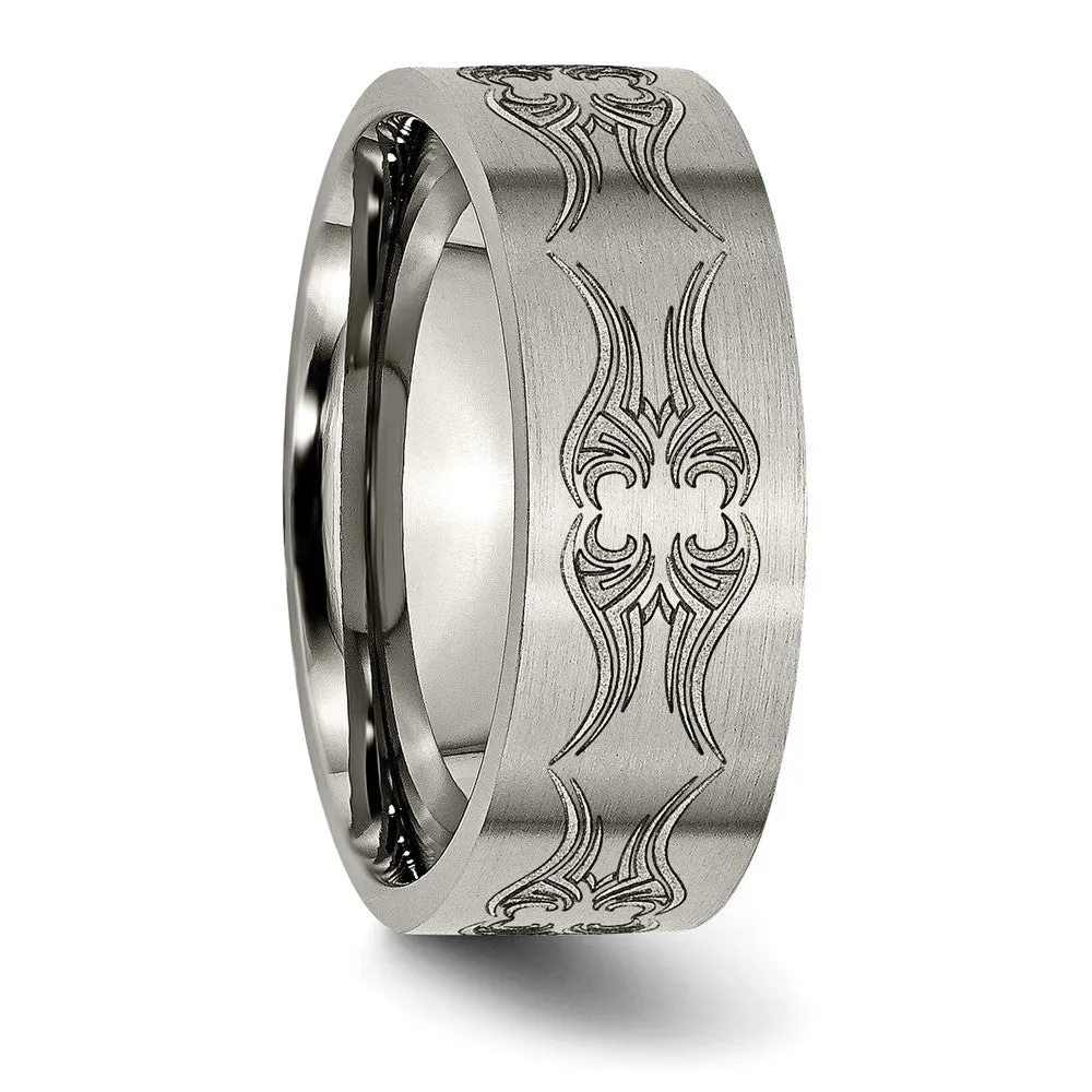 Men's 8mm Titanium Laser Cut Design Brushed Flat Standard Fit Band