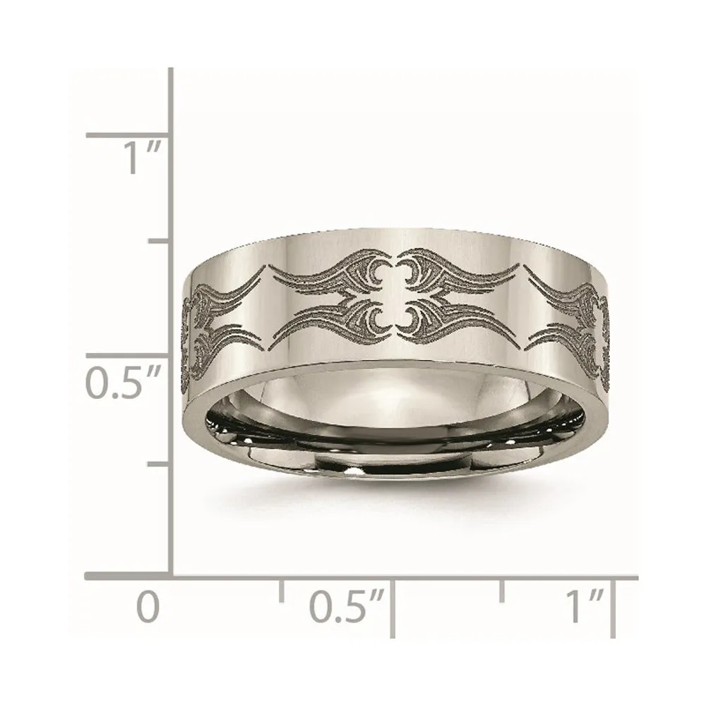 Men's 8mm Titanium Laser Cut Design Polished Flat Standard Fit Band