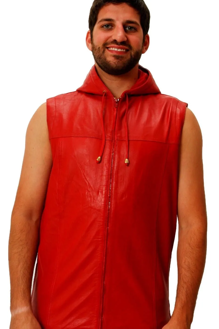 Mens Hooded Leather Vest - Red