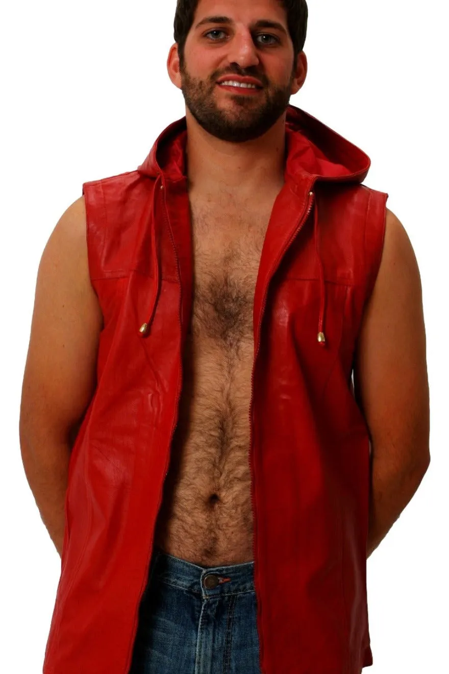 Mens Hooded Leather Vest - Red