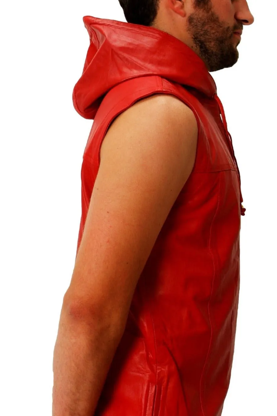 Mens Hooded Leather Vest - Red