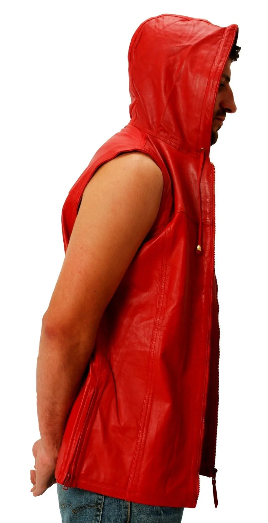 Mens Hooded Leather Vest - Red